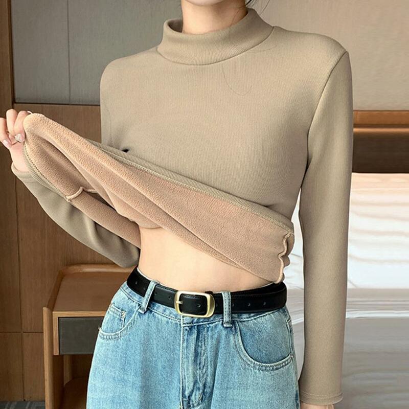 Autumn Winter Women Tops Elegant Thicken Velvet Lined Winter Sweater Slim Fit Knitwear Jumper with Half High Collar for Women