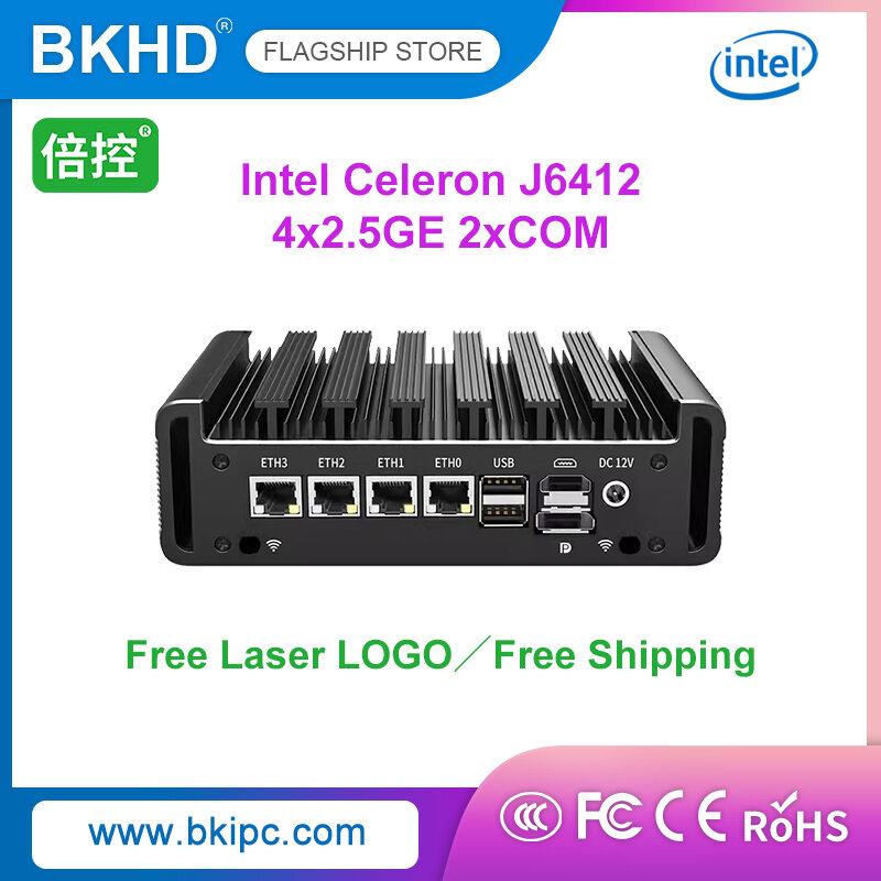 Fanless Router Celeron J6412, Controle Industrial, Adequado para Linux e Windows, IOT TPM2.0, Compatível com BKHD G31X, 4x2.5GE, 2xCOM