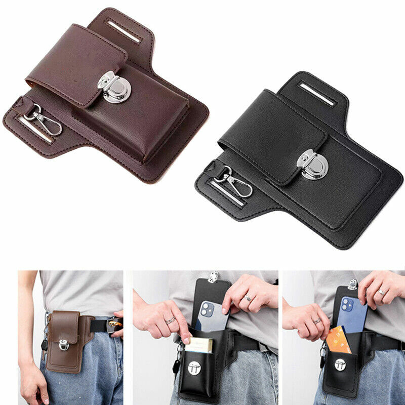 Bolsa de cintura multifunções para homens, couro genuíno, suporte de celular, carteira de cinto, viagem ao ar livre, bolsa esportiva