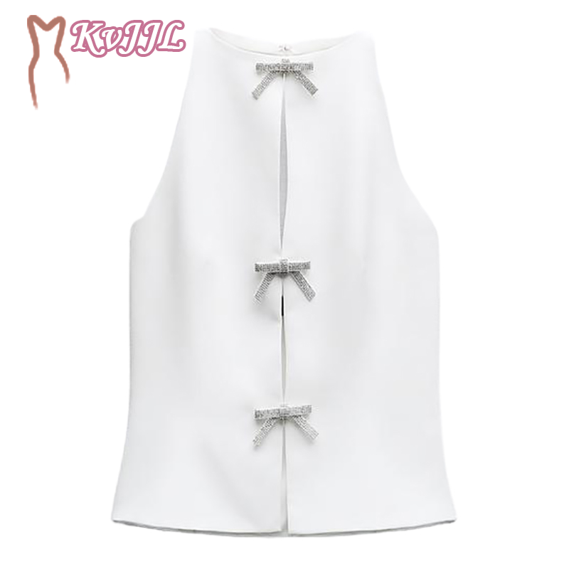 2024 Summer Women's Tops French Fashion Jewelry Bow Decorated Halter Neck Top Elegant Sleeveless Vest