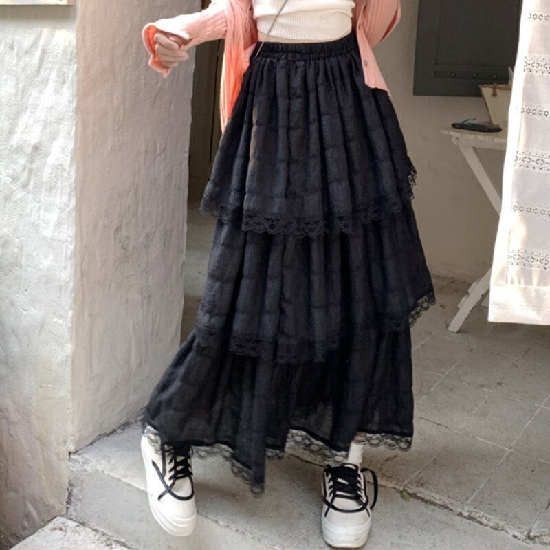 Женская длинная юбка с рюшами, бело-черная плиссированная юбка с высокой талией, рюшами и рюшами, лето 2023