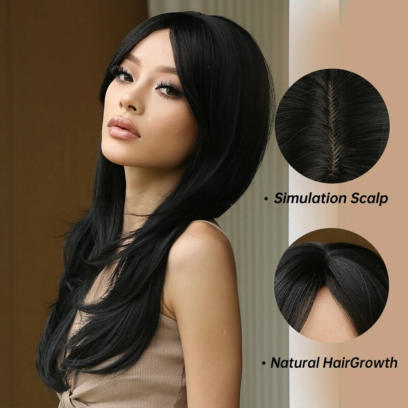 HAIRCUBE wig sintetis lurus panjang wig berlapis rambut hitam alami untuk wanita hitam wig Cosplay tahan panas