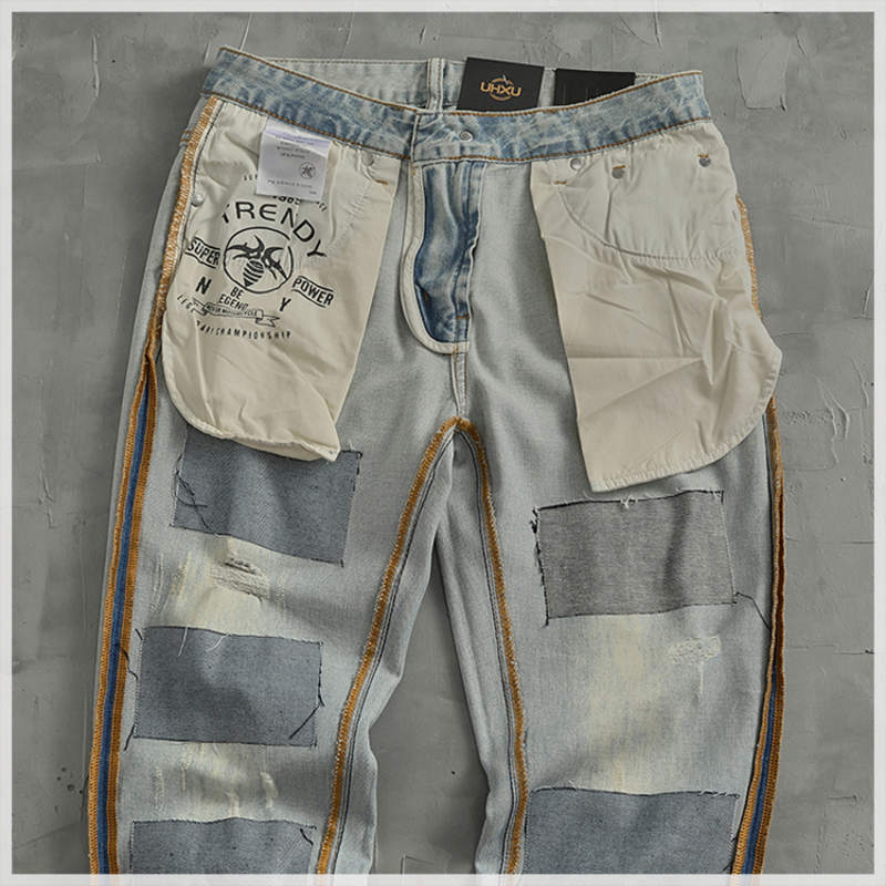 سراويل جينز مطاطية خفيفة للرجال ، جينز غير رسمي للرجال ، حنين ، نحيف ، أنبوب مستقيم ، رقعة زخرفية ، أقدام صغيرة ، عصرية