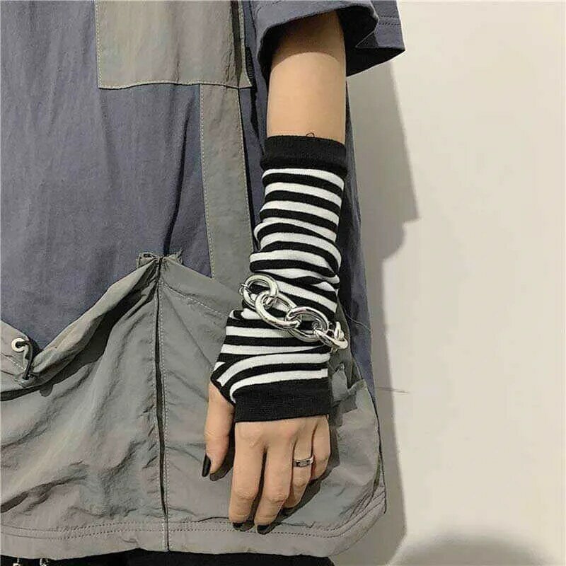 Длинные вязаные перчатки без пальцев в стиле хип-хоп нарукавники для мужчин и женщин полосатые черные мягкие приятные для кожи перчатки Стрейчевые зимние теплые перчатки