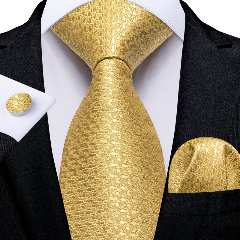 Gold Plaid Silk Ties for Men High Quality 160cm Wedding Party Business Accessories Necktie Set Handkerchief Cufflinks
