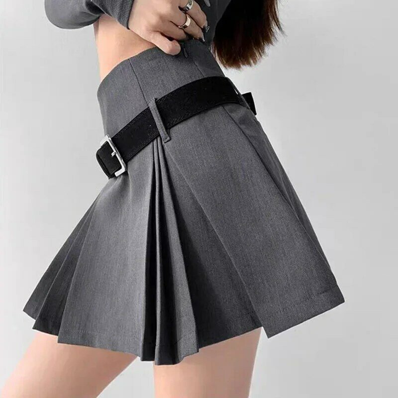 Rok lipit bergaya Korea, sabuk hadiah pinggang tinggi, rok model A-line abu-abu, celana pendek pencegah kesegaran