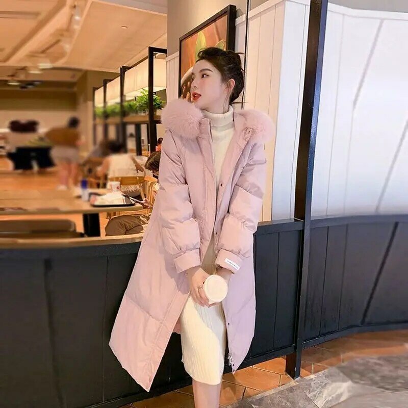 여성용 후드 모피 칼라 중간 길이 파카, 한국 패션, 캐주얼 루즈, 두꺼운 따뜻한 코트, 겨울 신상, R495