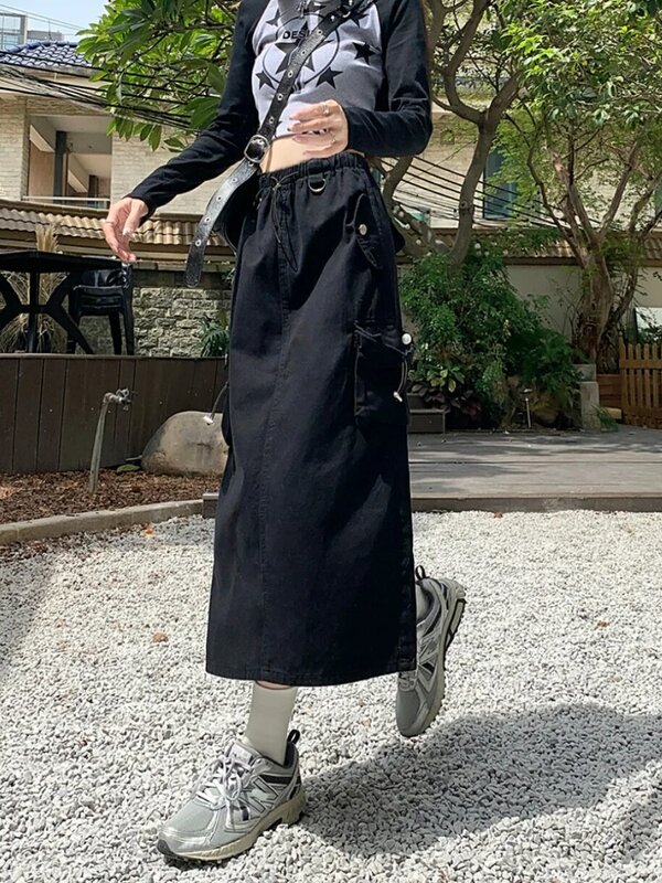 Vintage Y2k kieszonkowa spódnica damska wiosna Harajuku z wysokim stanem rozcięty do bioder spódnica estetyka w stylu amerykańskim Cyber Punk