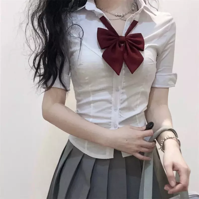 Blusa de manga curta feminina com gravata borboleta, blusa JK, uniforme escolar, blusa fina, bandagem, coreana, japão, camisa menina, primavera, verão, faculdade, moda, novo