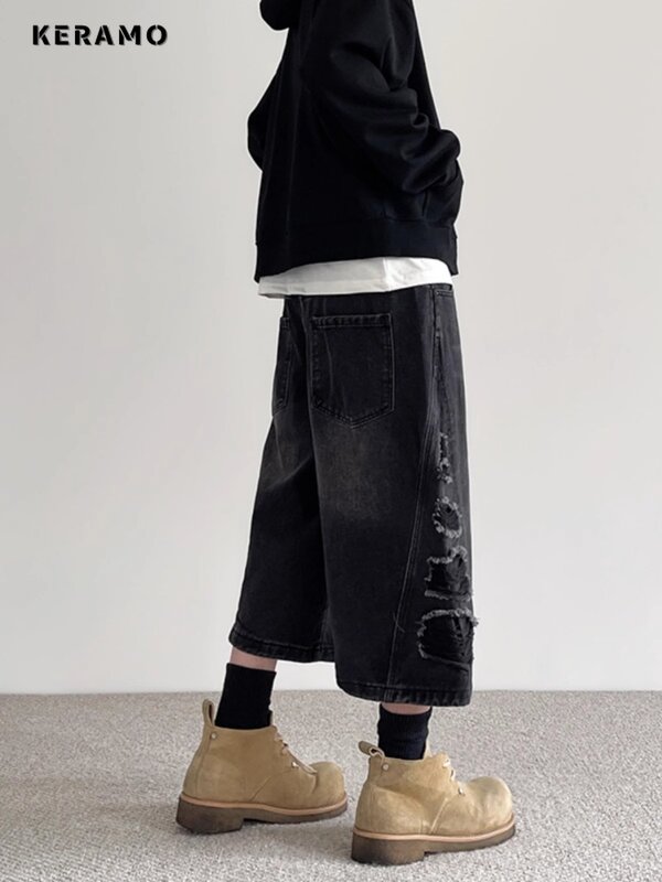 Jeans Harajuku sobek kasual wanita, celana pendek Denim longgar estetika Vintage Y2K kaki lebar Punk longgar Musim Panas 2024