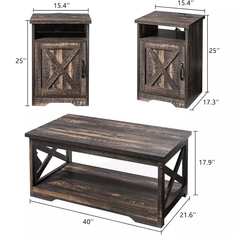 Mesa de centro, juego de mesas de granja de 3 piezas, incluye mesas de café y dos mesas finales, mesa de centro