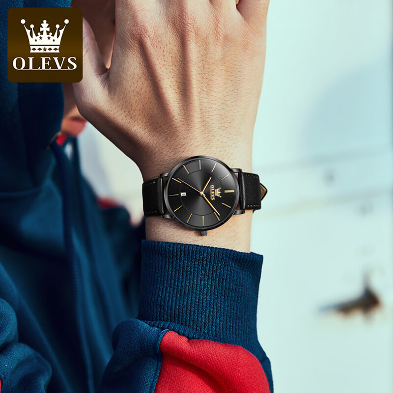 OLEVS-Men's Waterproof Leather Strap Quartz Watch, Premium Business Watch, Ultra Fino, 6.5mm, Date Dial, Luxo, Elegante, 5869