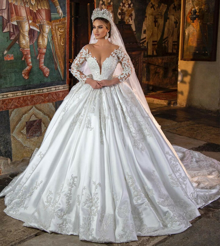 Flavinke-vestidos lindos princesa marroquina casamento, mangas compridas vestido de baile, vestidos brancos nupciais, Applique Pérolas