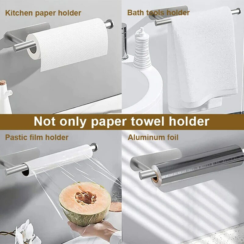 Soporte de toalla de papel higiénico autoadhesivo, soporte de rollo de papel sin perforaciones, gancho de cocina, soporte de almacenamiento de acero inoxidable, montaje en pared