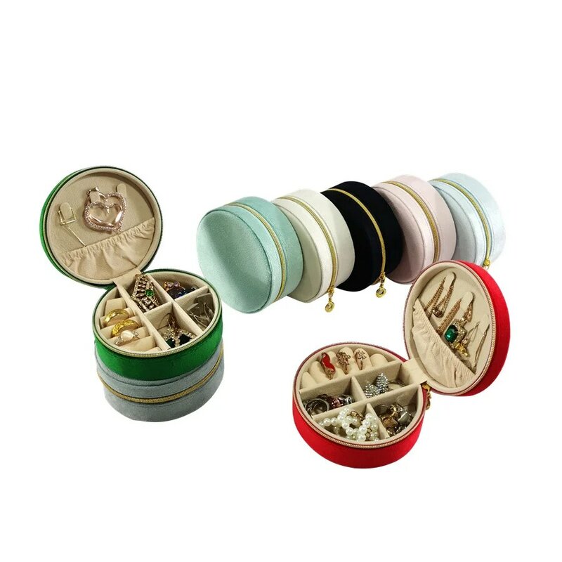 Boîte à bijoux portable ronde en velours, boîte de voyage simple, boucles d'oreilles, goujons, matiques, colliers, rangement de bijoux