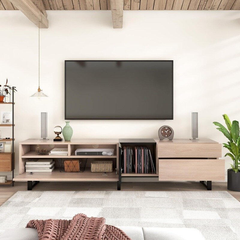 Modern TV Stand with 3 Cabinets & Open Shelves, Minimalist Wooden Entertainment Center for TVs Up to 80”, Sturdy TV Console