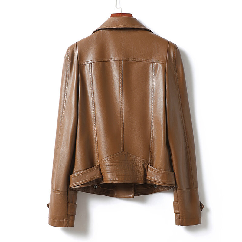 Женская винтажная куртка из овечьей кожи, коричневая приталенная куртка из натуральной кожи на молнии с воротником с лацканами, Осень-зима 2023
