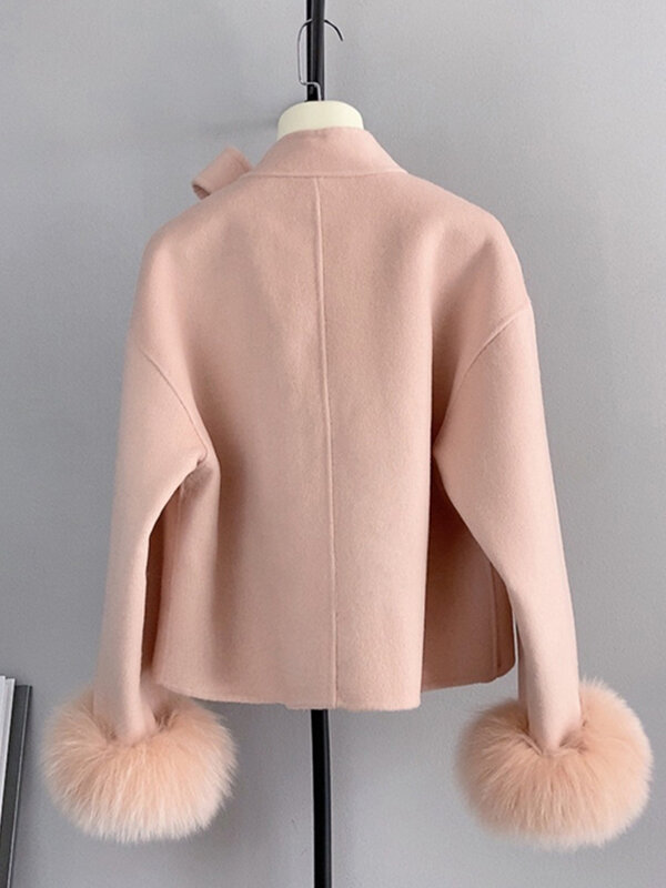 2024 New Winter Real Natural Fox Fur Cuff Coat Ladies Outwear Female Coat Cashmere Wool Woolen Women Luxury Jacket
