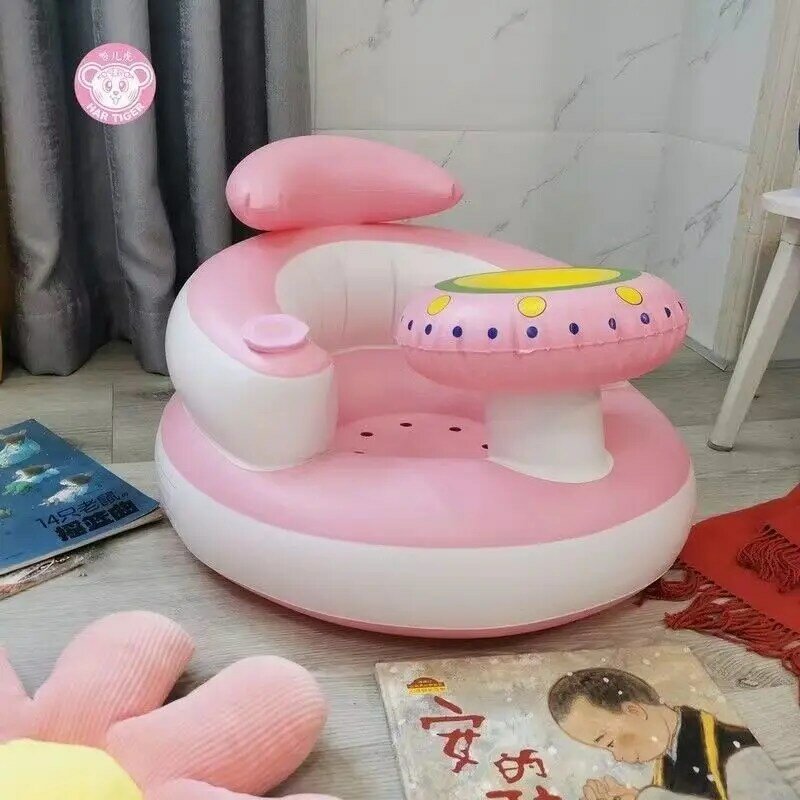 Asiento de sofá inflable para bebé, silla de alimentación multifuncional de PVC con dibujos animados, asiento de apoyo para aprender a sentarse