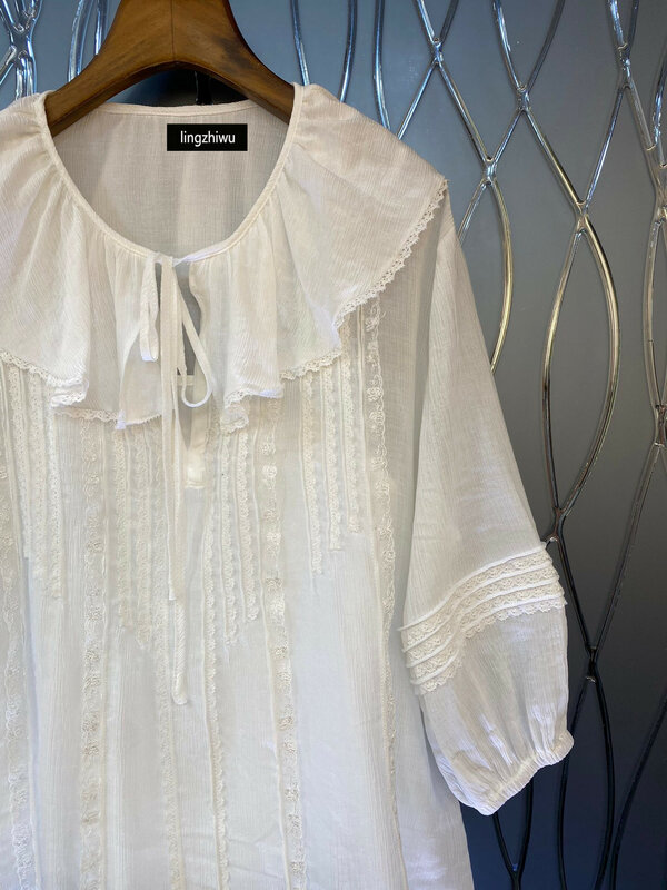 lingzhiwu White Blouse 2024 Summer Female Ruffled Collar Lace Decoration Mid-Length Shirt New Arrive