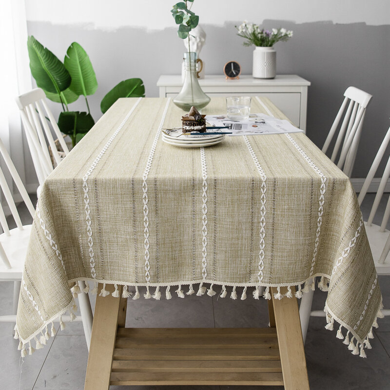 Cotton Linen Tablecloth With Tassels Waterproof Oilproof Tea Striped Table Cloth Thick Rectangular Wedding Dining Table Cover