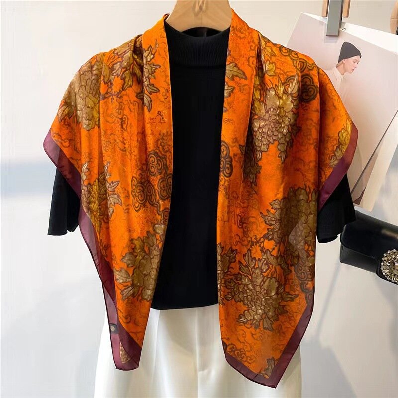 Bandana laranja para mulheres, lenço quadrado grande, lenço de seda, impressão dupla face, xale, capa, moda, 90cm, novo