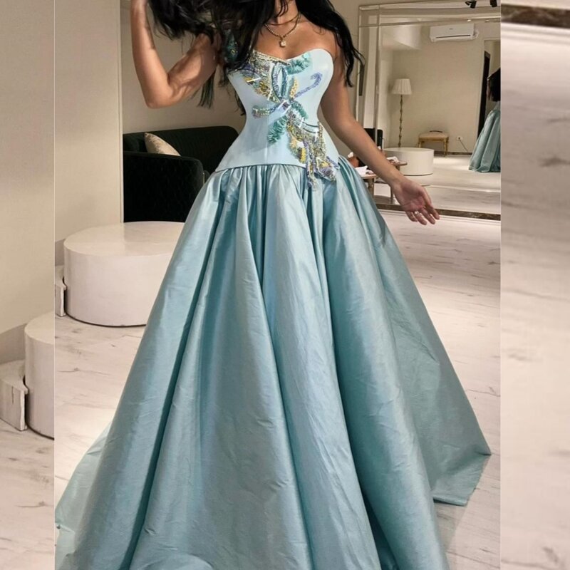 Jersey Pleat Appliques Celebrity A-line Strapless Bespoke Occasion Gown Long Dresses