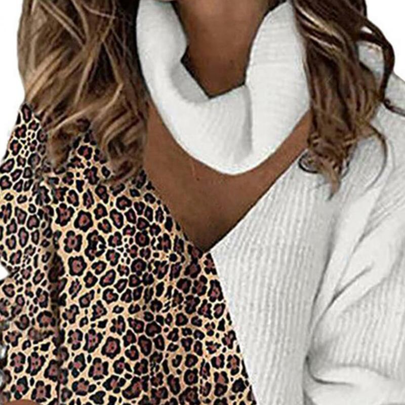 Женский свитер с леопардовым принтом, вязаный Топ в стиле пэчворк, ажурный вязаный пуловер с рукавами-фонариками и высоким воротником для повседневной носки на осень и зиму
