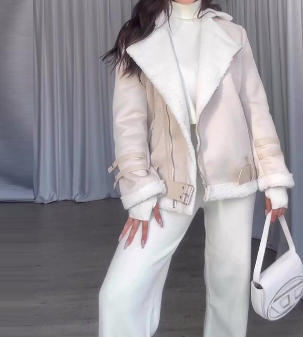 Colletto Polo moda donna Versatile giacca in pelle PU stile moto donna manica lunga inverno allentato addensare cappotto Casual