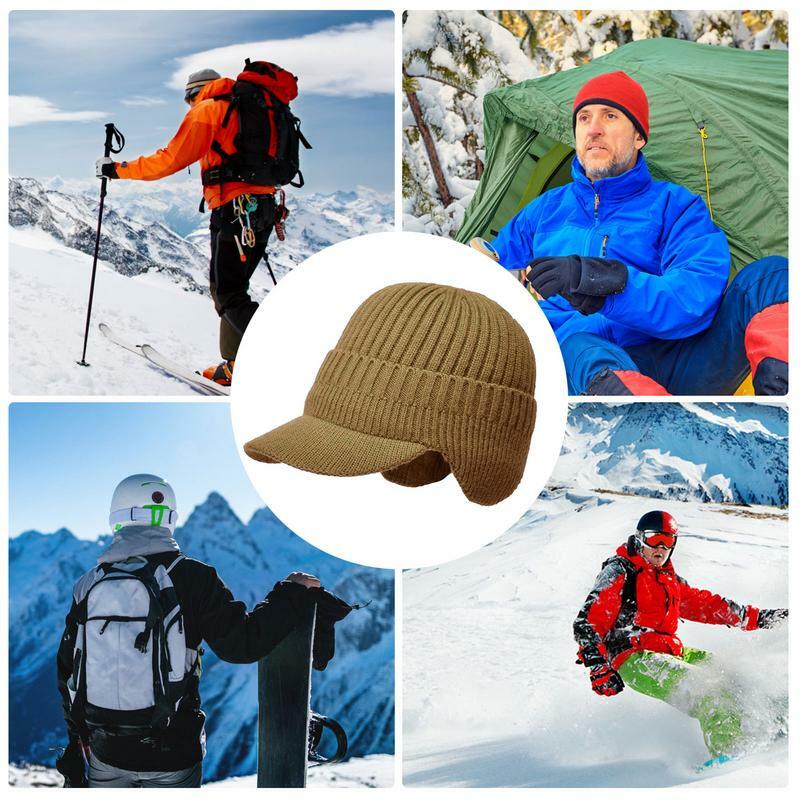 Topi rajut pria, tutup kepala Beanie rajut tebal hangat dengan Visor hangat untuk musim dingin