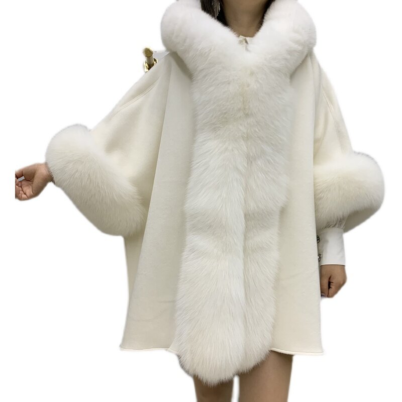 Женская зимняя теплая плотная вязаная накидка из 100% шерсти с натуральным лисьим мехом и пушистым воротником