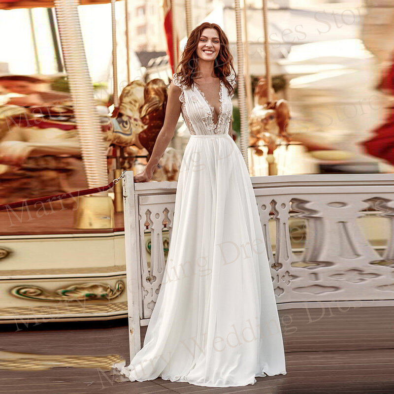 Женское шифоновое свадебное платье без рукавов, с глубоким V-образным вырезом и открытой спиной