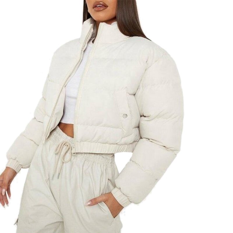 여성 스탠드 칼라 퀼트 코트 신축성 있는 밑단 긴 소매 패딩 크롭 재킷 066C
