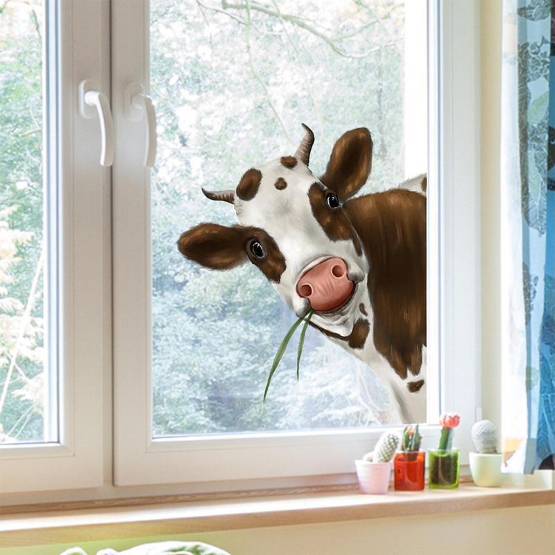 Autocollant de fenêtre de vache qui se fixe sur le mur, stickers muraux, impression réaliste, intéressant et drôle