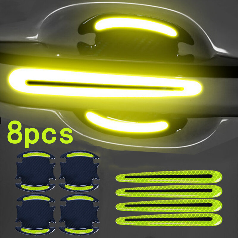 8pcs Universal Reflective Car Door Handle Scratches Protection Sticker Safety Warning Reflective Film Decal Auto Accessories