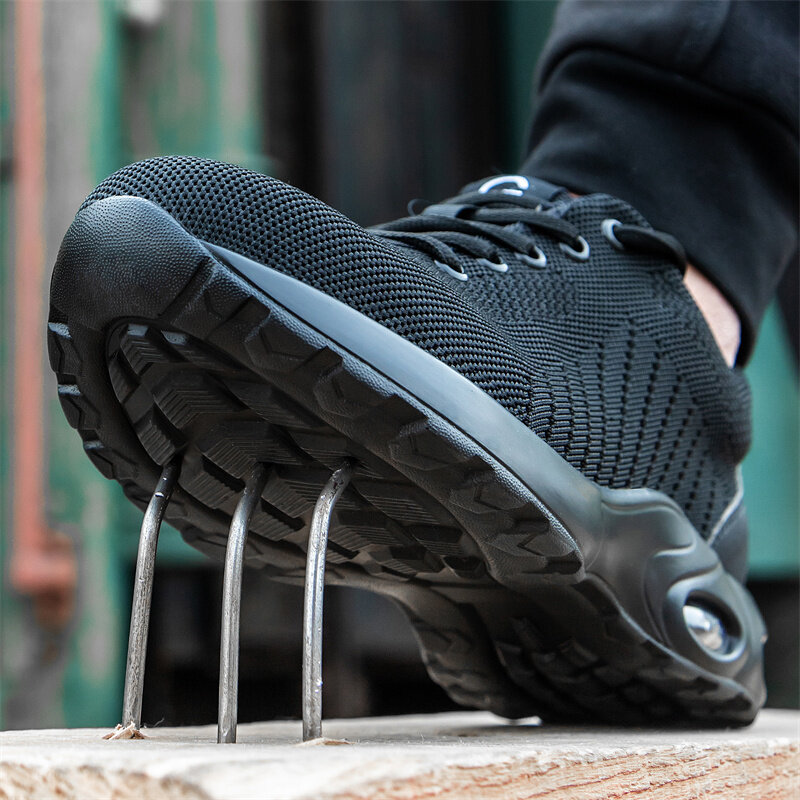 Zapatos de trabajo con amortiguación de aire para hombres, zapatillas de seguridad para construcción, antigolpes, punta de acero, a prueba de perforaciones