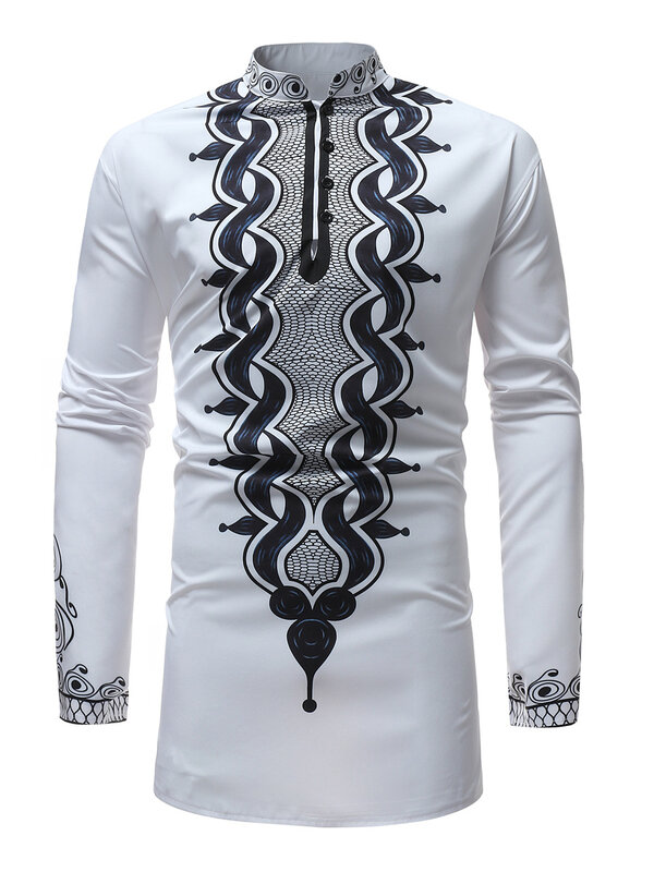 Kemeja Longline Dashiki Tribal Afrika, baju kerah Mandarin lengan panjang ramping baru, pakaian Islami pria