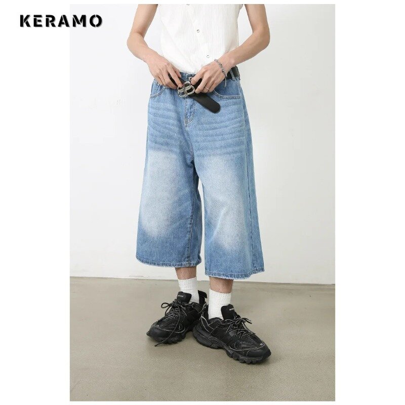 Vintage Streetwear Jeans wanita 2024 musim panas longgar pria kaki lebar celana pendek selutut pria kebesaran Fashion celana Denim Y2K