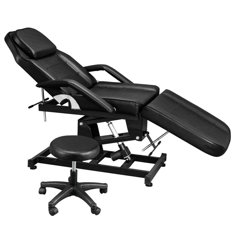 72in 3-seção spa salão de beleza massagem cama tatuagem massagem com motorizado altura reclinável power lift & stool preto