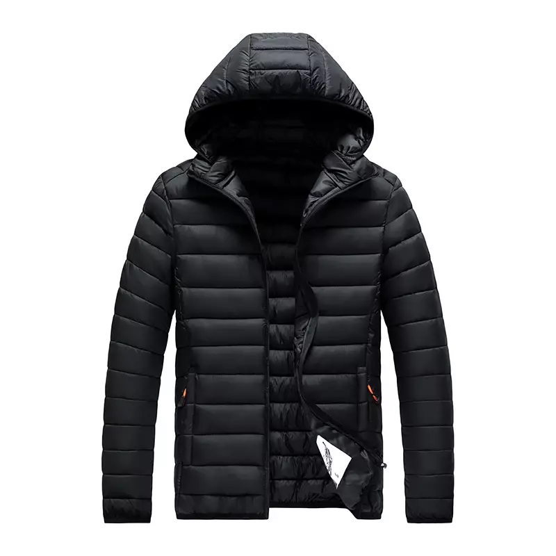 Новинка 2024, мужские легкие куртки с подкладкой, осенне-Весенняя теплая демисезонная парка с капюшоном на молнии, черное пальто большого размера, мужская верхняя одежда