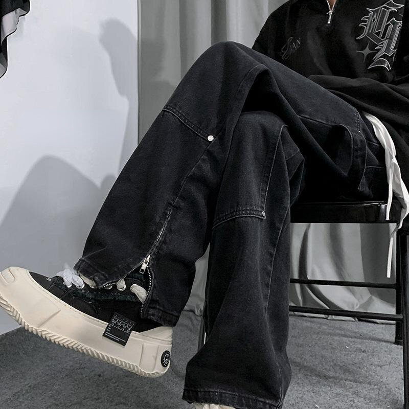 Jean Baggy Noir en Denim pour Homme, Pantalon Droit, Style Patchwork, à la Mode, Nouveau Design, L15