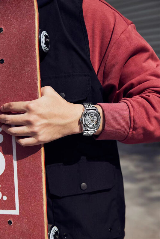 Esportes relógio masculino pulseira de aço relógios relógio mecânico esqueleto design negócios relógio de pulso