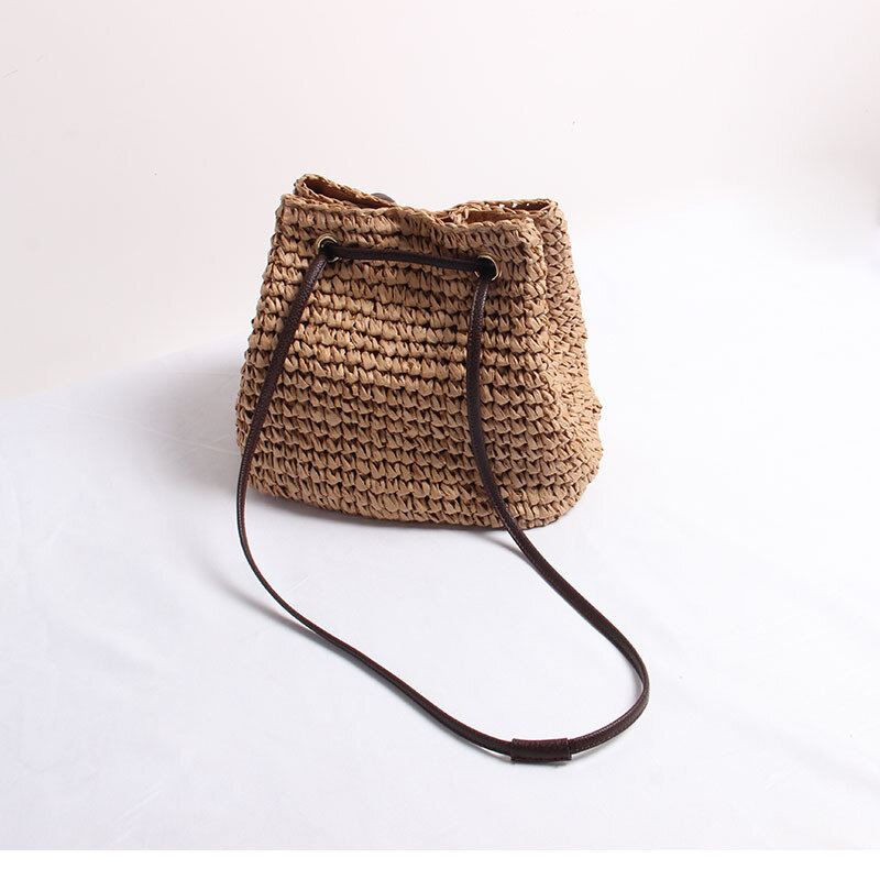 Straw Bucket Bag Designer Handmade Woven Women Handbags Casual Summer Beach Shoulder Bags Bali Patchwork Large Tote 2023