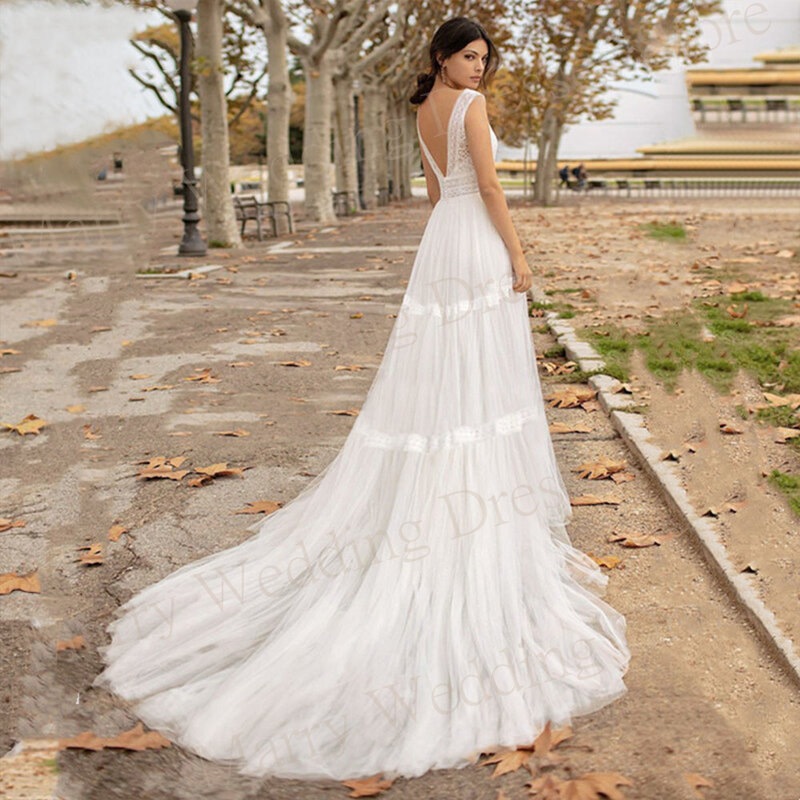 Boho faszinierende V-Ausschnitt eine Linie Brautkleider sexy anmutige ärmellose rücken freie Tüll Brautkleider vestidos de fiesta elegantes