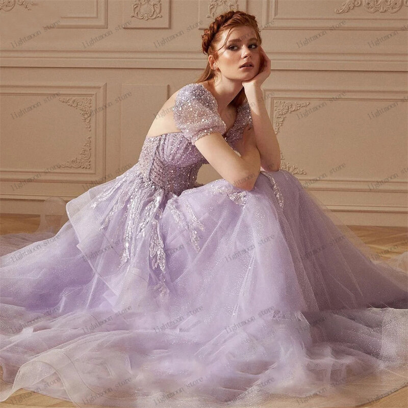 Squisiti abiti da sera a-line Tulle Prom Dress Glitter Ball Gowns Lace Appliques perline Princess Robes Vestidos De Gala 2024