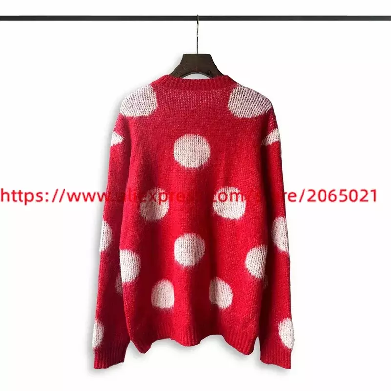Mohair-suéter de punto con puntos rojos para hombre y mujer, sudaderas de gran tamaño con cuello redondo