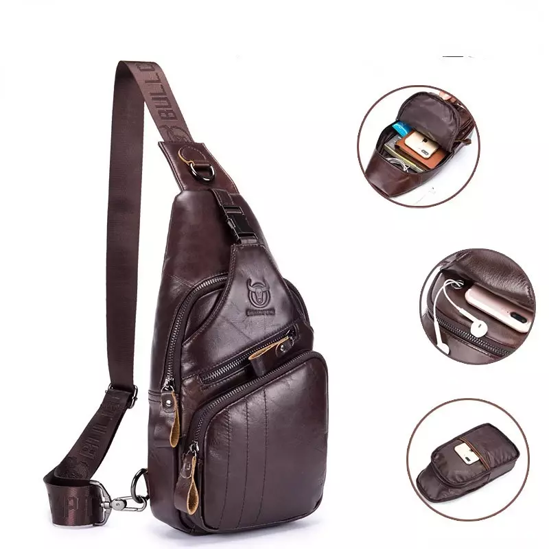 Men's Chest Bag Large Capacity Soft Genuine Cowhide Leather Casual Waterproof Sports Crossbody Bag