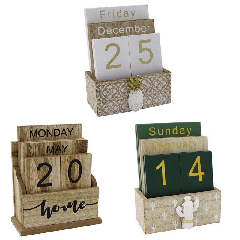 Madeira Flip Desk Blocks Calendário, Prancha Perpétua, Tabela Calendário Display para Casa e Decoração Escritório, 11.5X6.5X14.5cm
