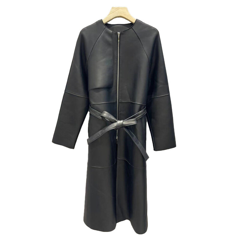 2022 novas mulheres jaqueta de couro cinto sólido zíper genuíno pele carneiro moto longo trench coats alta qualidade moda streetwear ael4940