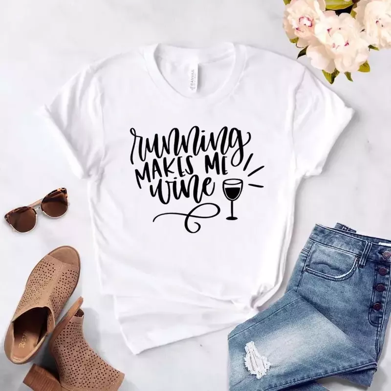 Running Makes Me Wine Print 여성용 티셔츠, 코튼 힙스터 재미있는 티셔츠, 레이디 Yong Girls 상의, 미적 그래픽 티셔츠, 선물